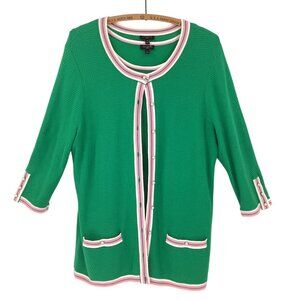 Talbots Knit Cardigan Knit Set Size X (XL) 70"s Style Green w/ Pink & White Twee